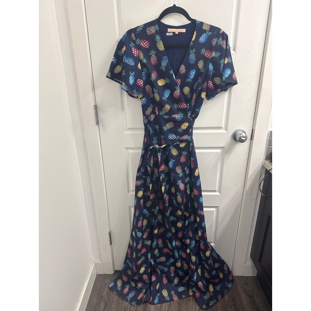 Hutch Navy Blue Pineapple Print Maxi Wrap Dress V-Neck Flutter Sleeve Womens S